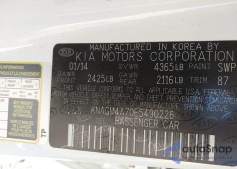 2014 Kia Optima Lx из США, поврежденный, VIN KNAGM4A70E5490226